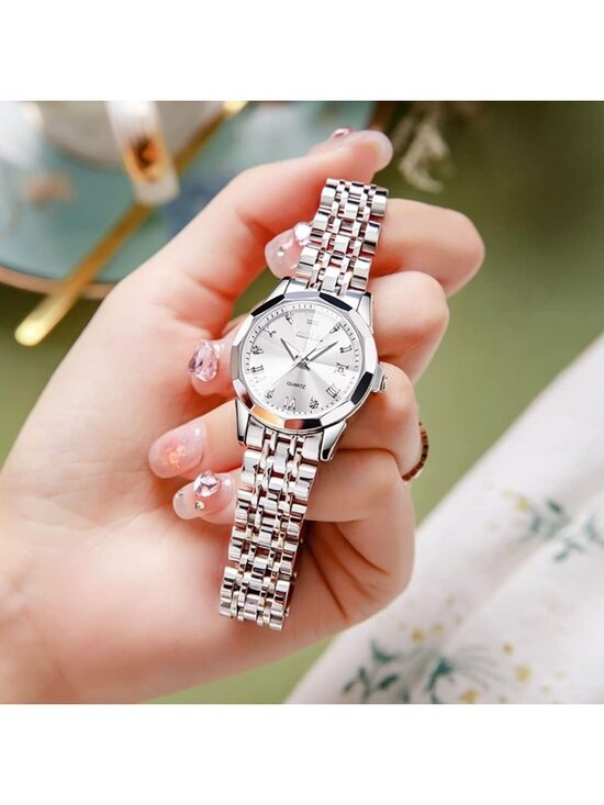 Womens Silver Diamond Stainless Steel Luxury Ladies Waterproof Small Writs Watch